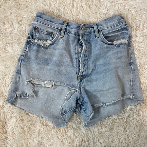 Agolde Cut Off Shorts Size 28 Blue Denim Distressed button fly ripped - Picture 1 of 6